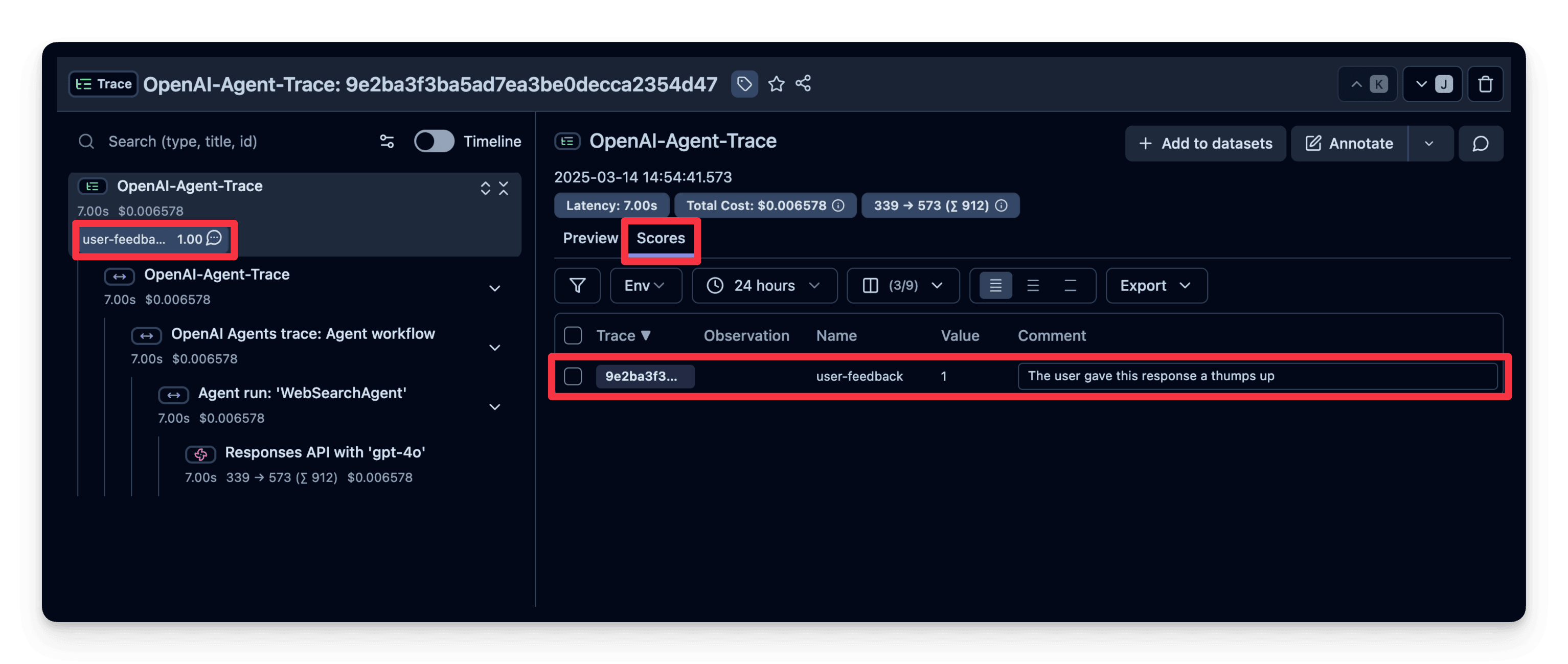 User feedback is being captured in Langfuse
