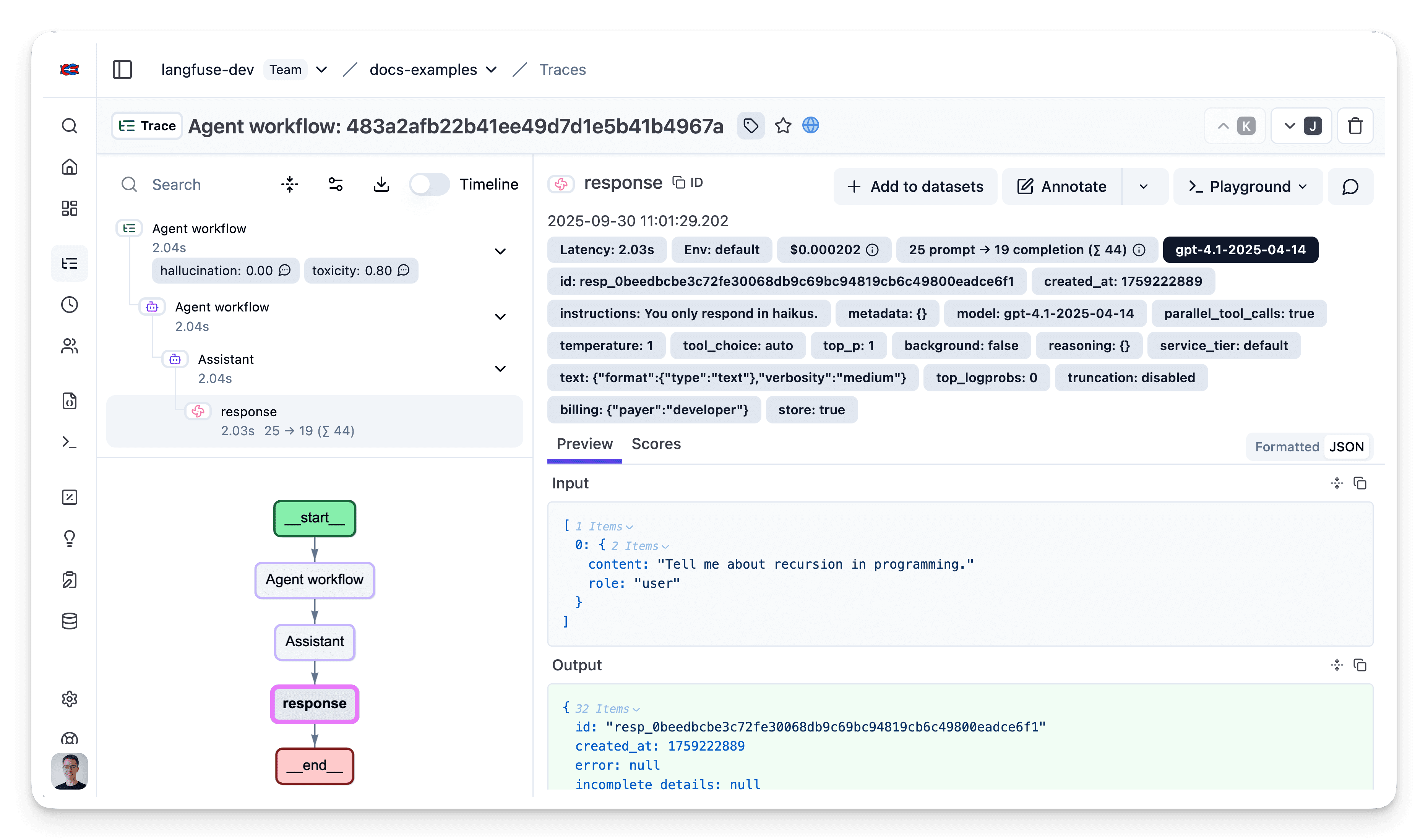 Example trace in Langfuse